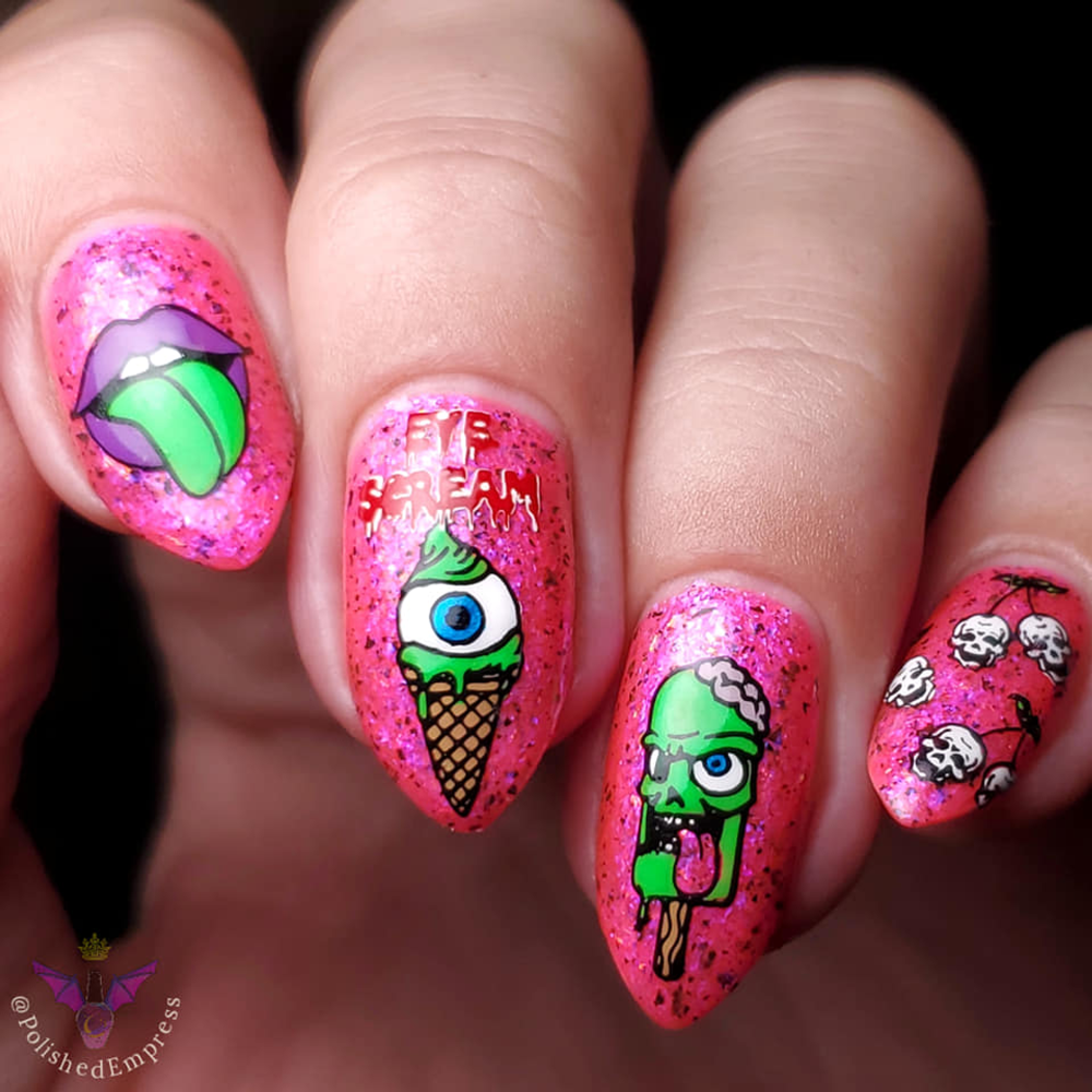 Food themed Halloween nail art. Eye ball ice cream 