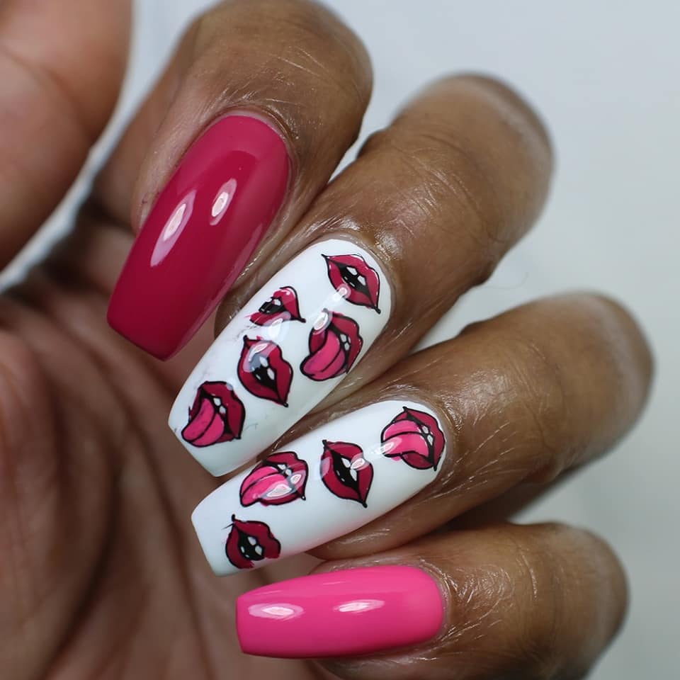 lips and tongues. Halloween nail art. Pink and white